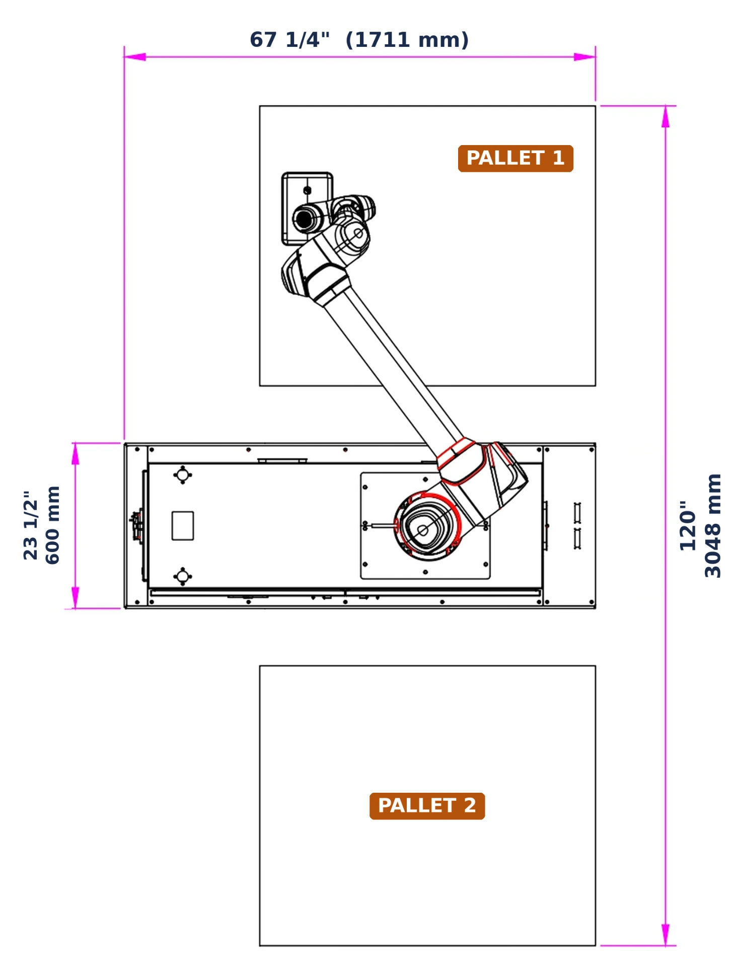 CP-66 Collaborative Palletizer dual pallet CAD footprint drawing with dimensions in inches and millimeters