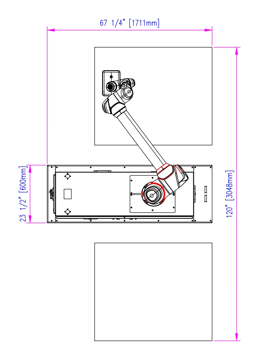 CP-66 Collaborative Palletizer dual pallet CAD footprint drawing with dimensions in inches and millimeters