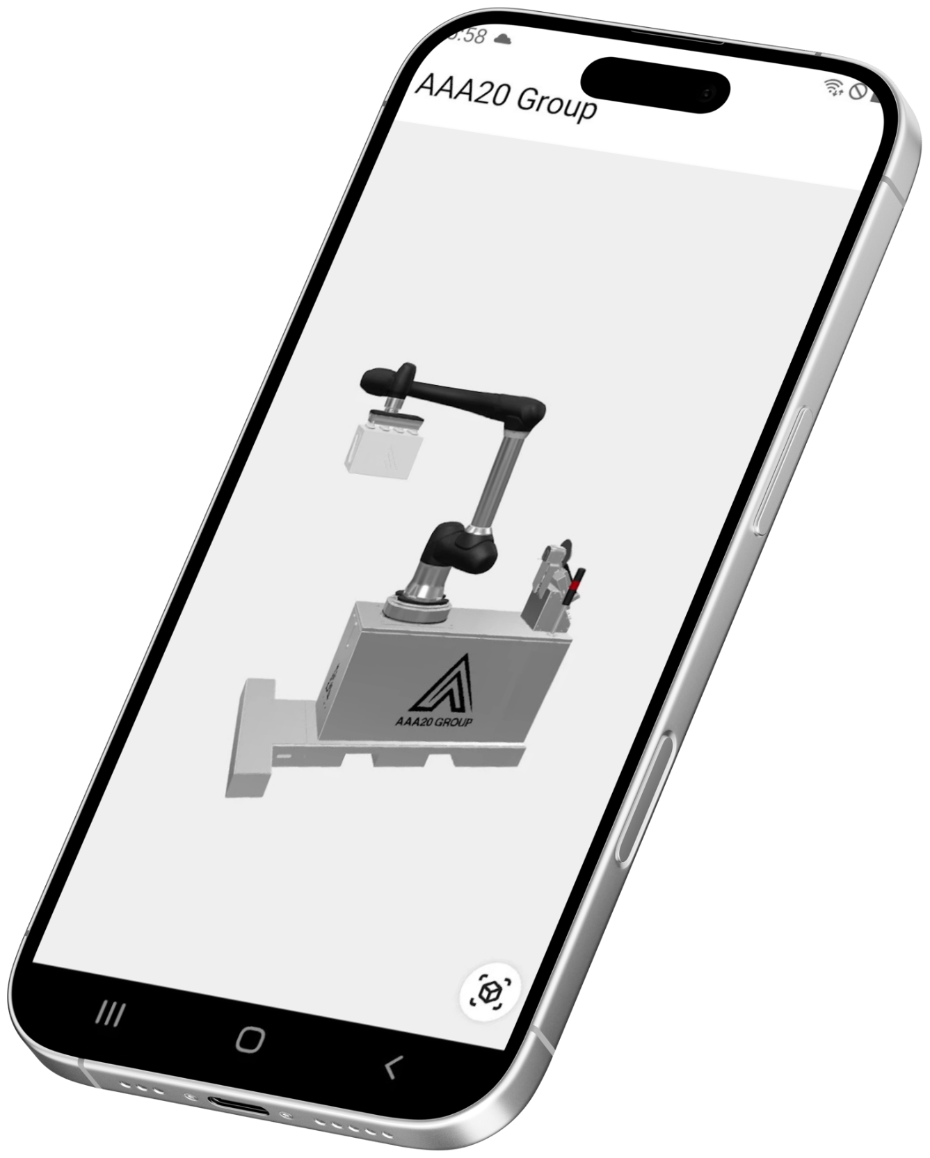 AAA20 Group AR Viewer app on a smartphone, showing a 3D-rendered palletizer at real scale