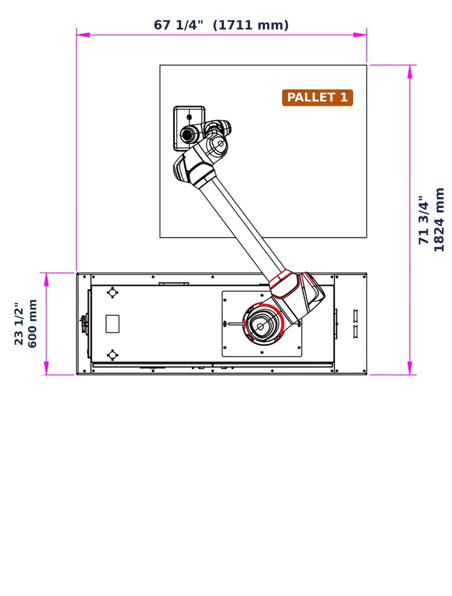 CP-66 Collaborative Palletizer single pallet CAD footprint drawing with dimensions in inches and millimeters