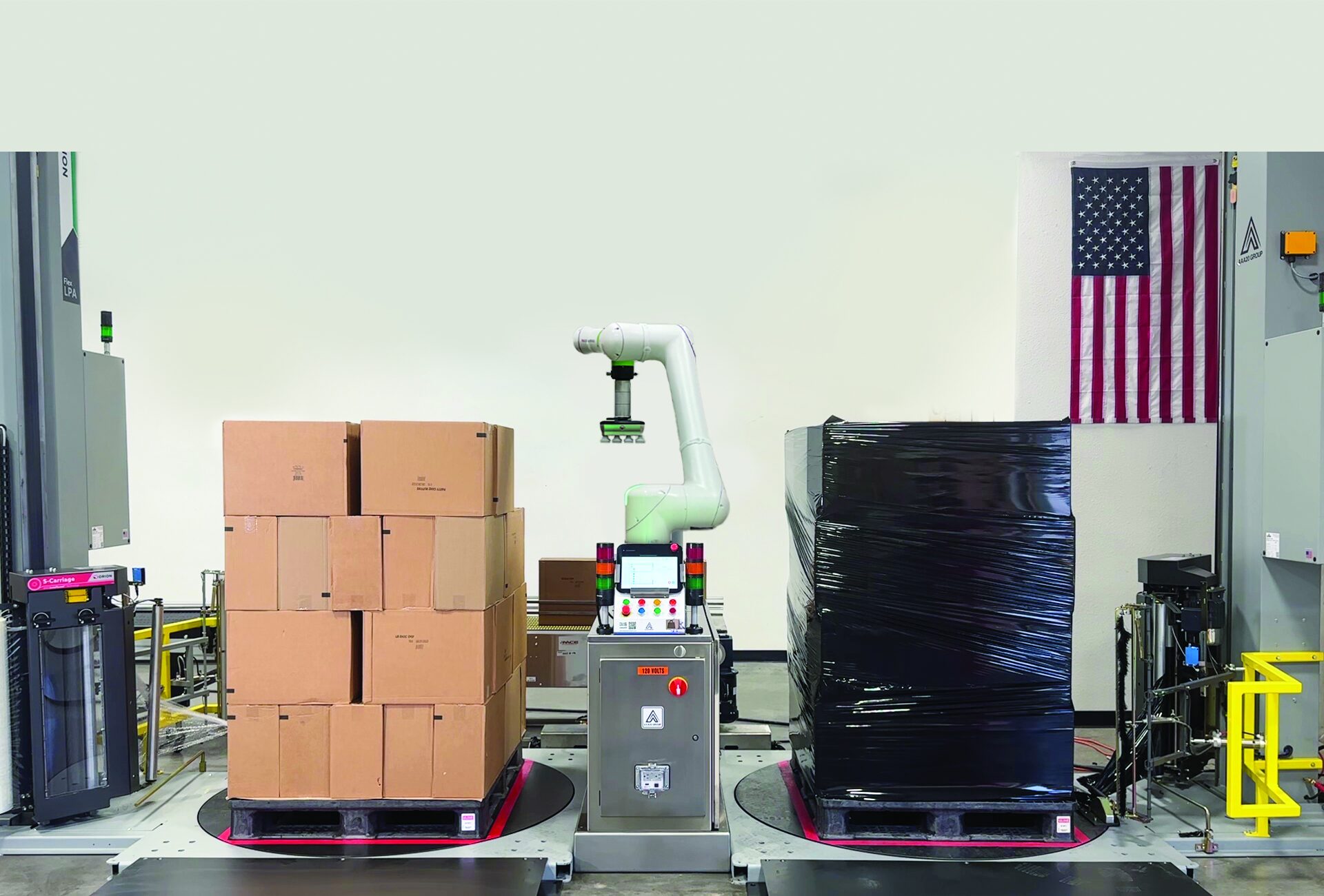 CP-66-CRX robotic palletizing cell with Integrated Stretch Wrapper, completed case stack and wrapped pallet