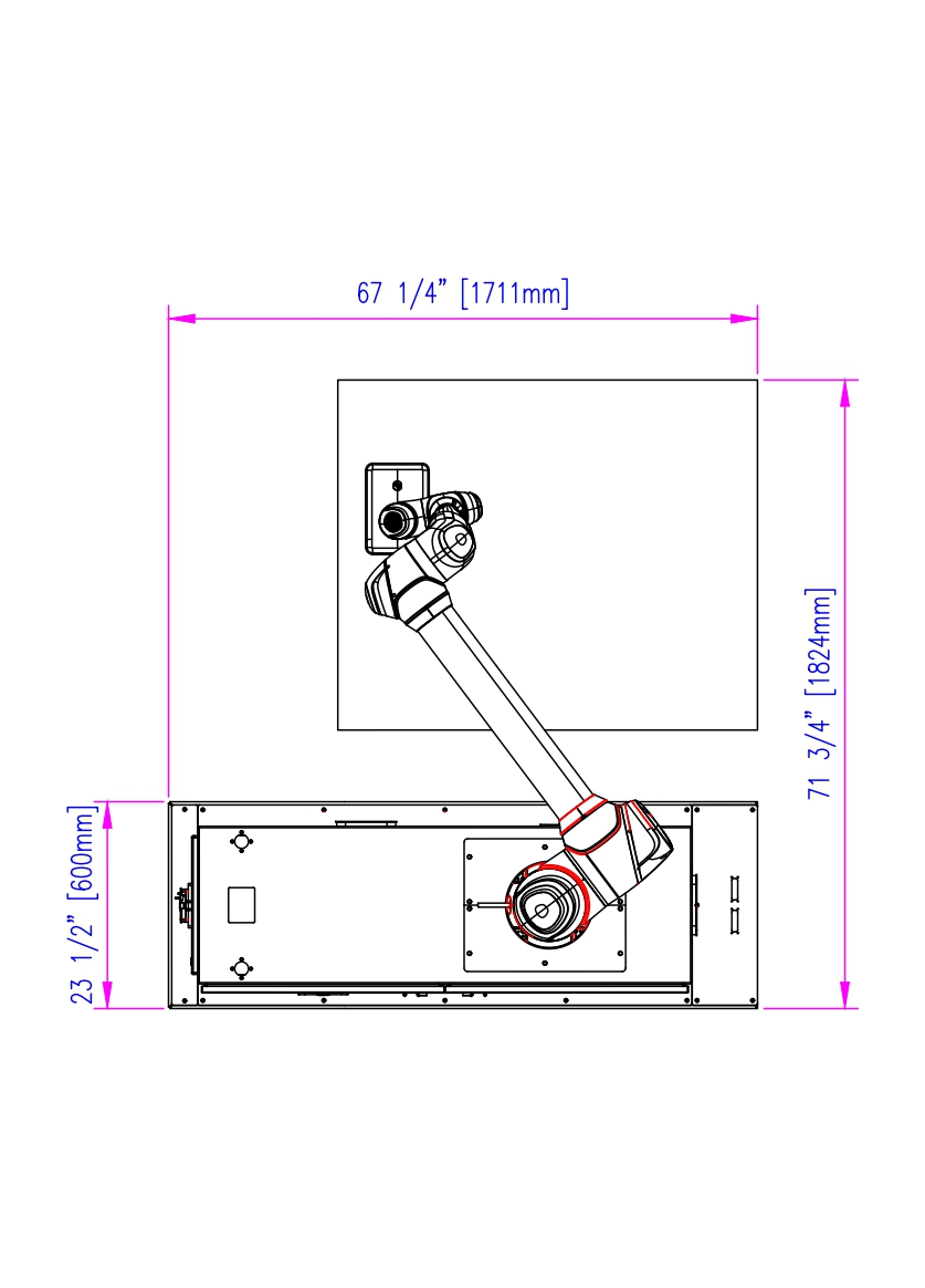 CP-66 Collaborative Palletizer single pallet CAD footprint drawing with dimensions in inches and millimeters